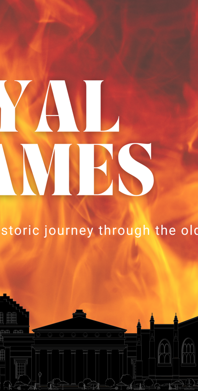 flames and an outline of Edinburgh's landscape with the text "royal flames, a firefighters historic journey through the old town"