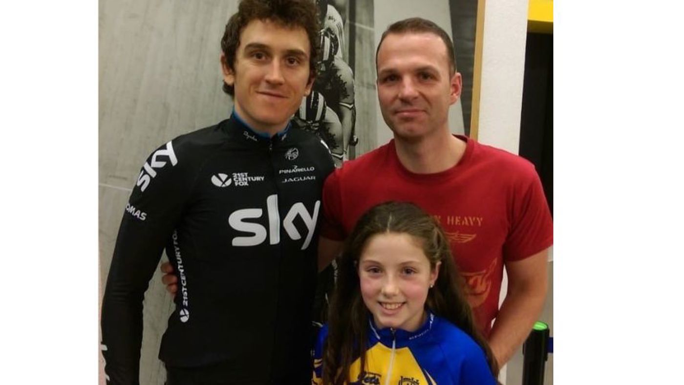 Barrie McCutcheon and daughter Isla meet cyclist Geraint Thomas