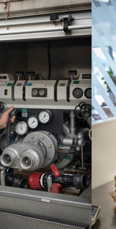 two photos of Graham Griffiths, one standing in front on an machine and another making dough in kitchen 